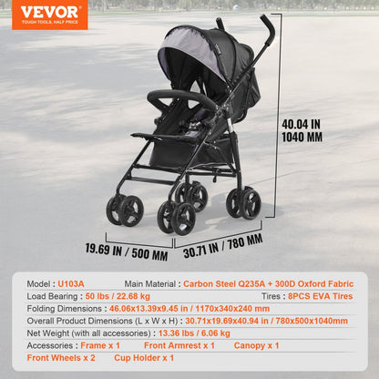 U103A - 13 lbs Lightweight Folding Stroller with Adjustable Backrest