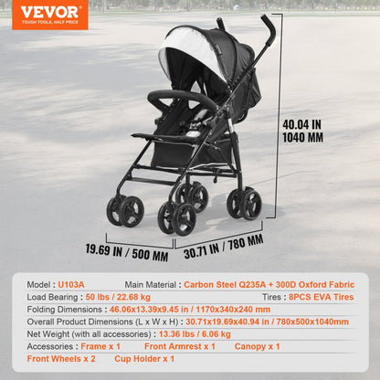 U103A - Portable Lightweight Stroller with Adjustable Backrest & Shock-Absorbing Tires