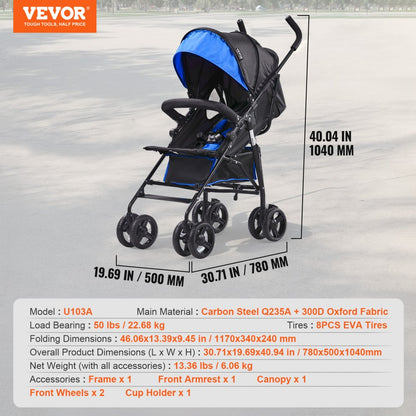 U103A - Compact 13 lbs Stroller with Adjustable Canopy & Five-Point Harness