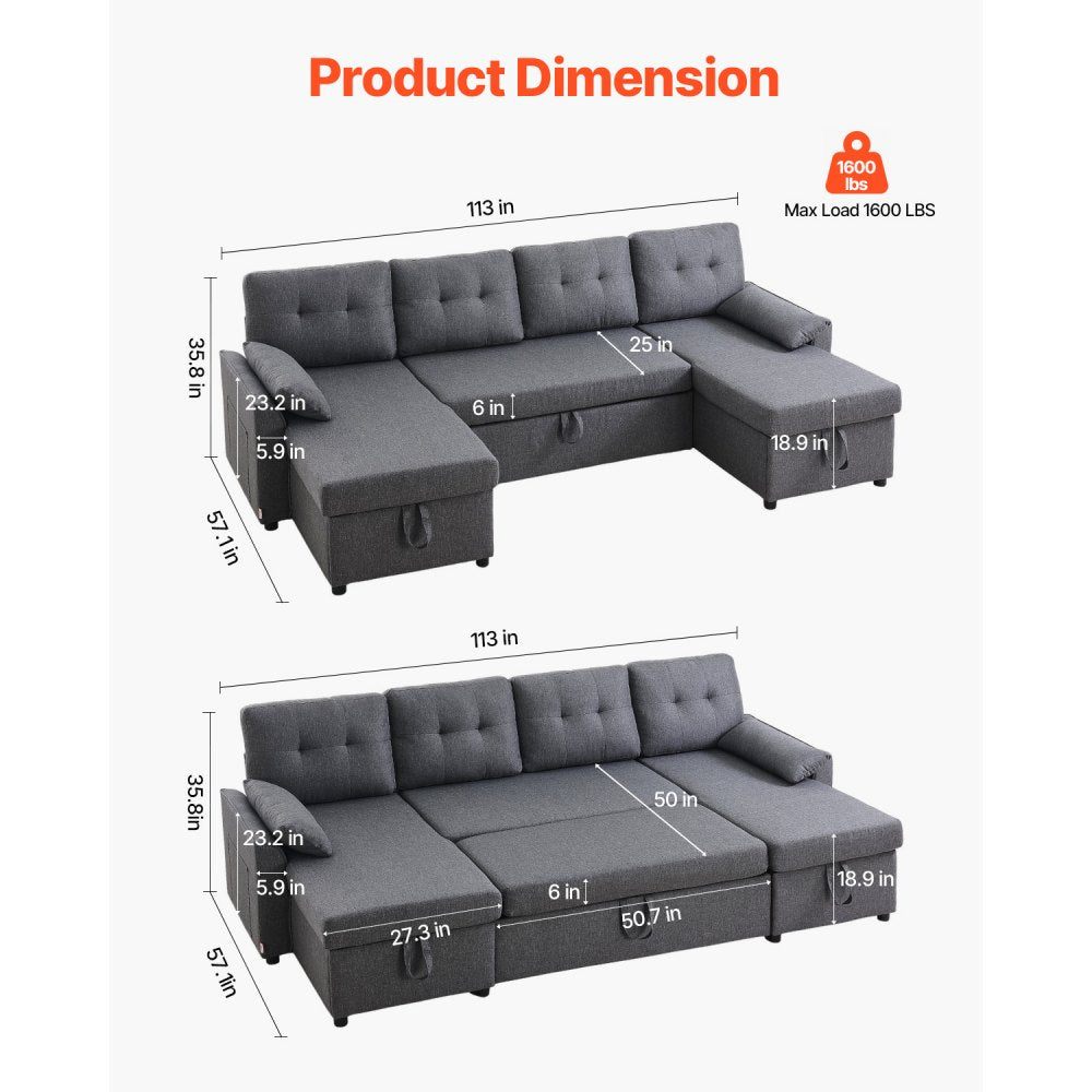 LW-0667-2T-11R-11L - Multi-Functional U Shaped Sofa Bed with Storage