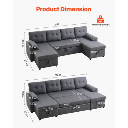 LW-0667-2T-11R-11L - Multi-Functional U Shaped Sofa Bed with Storage
