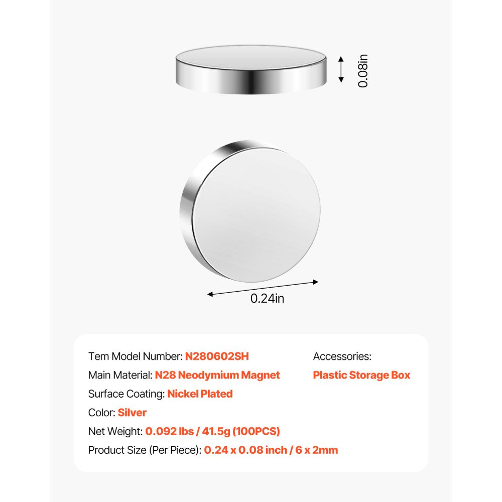 N280602SH - 100 Neodymium Magnets, 0.24" x 0.08", Strong & Durable