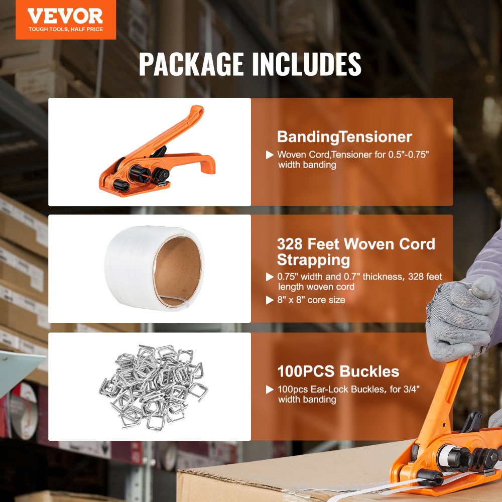 XW19 - Heavy-Duty VEVOR Strapping Kit with Tensioner & 100 Metal Seals