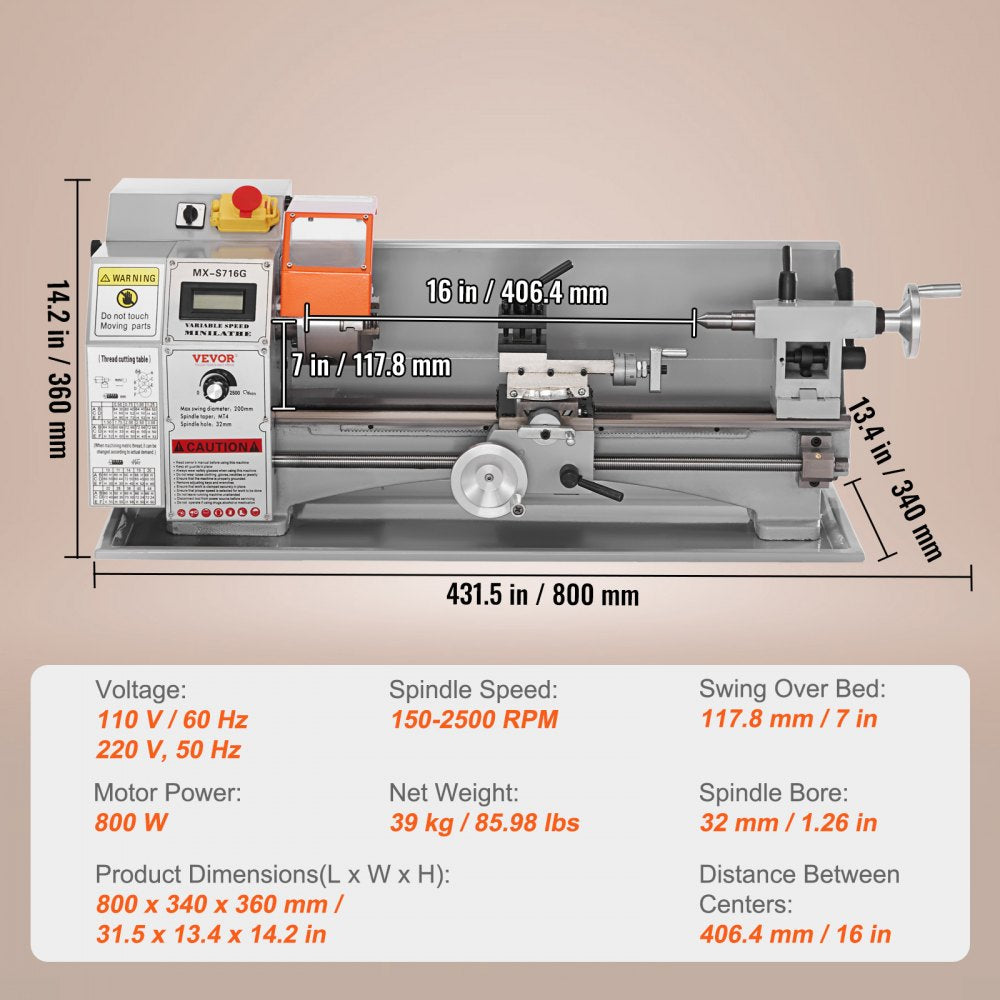 MX-S716G - 7" x 16" VEVOR Metal Lathe with 800W Motor and Digital Display