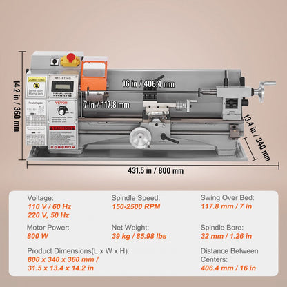 MX-S716G - 7" x 16" VEVOR Metal Lathe with 800W Motor and Digital Display