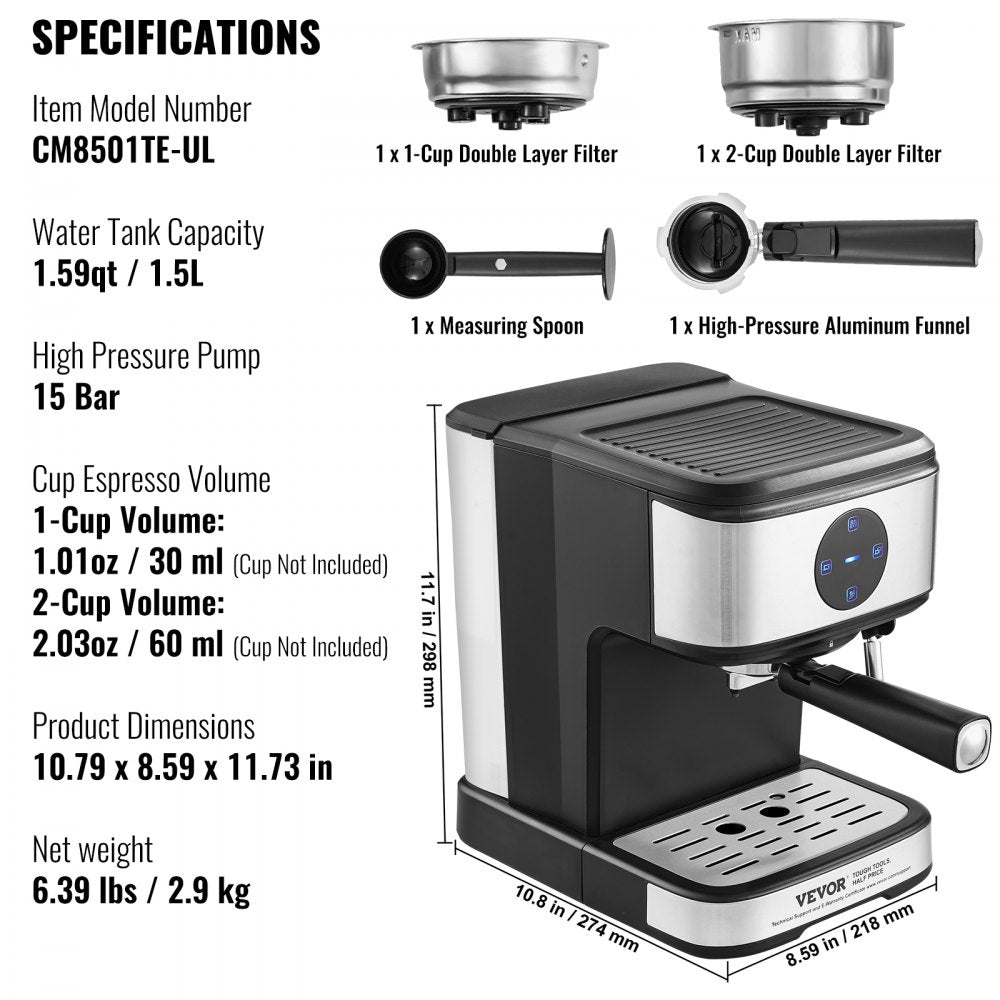 CM8501TE-UL - VEVOR 15-Bar Espresso Machine with Milk Frother & LED Touchscreen