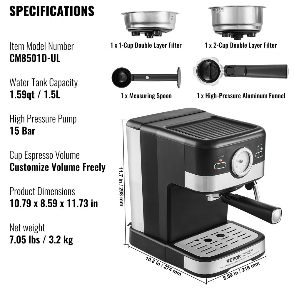 CM8501D-UL - 15 Bar VEVOR Espresso Maker with Adjustable Steam Wand
