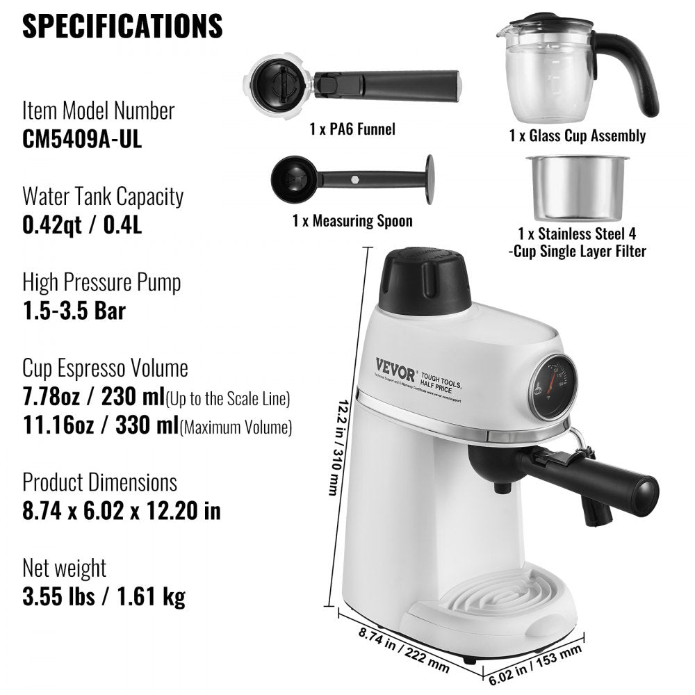 CM5409A-UL - VEVOR 3.5 Bar Espresso Machine with Milk Frother & Easy Controls
