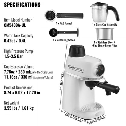 CM5409A-UL - VEVOR 3.5 Bar Espresso Machine with Milk Frother & Easy Controls