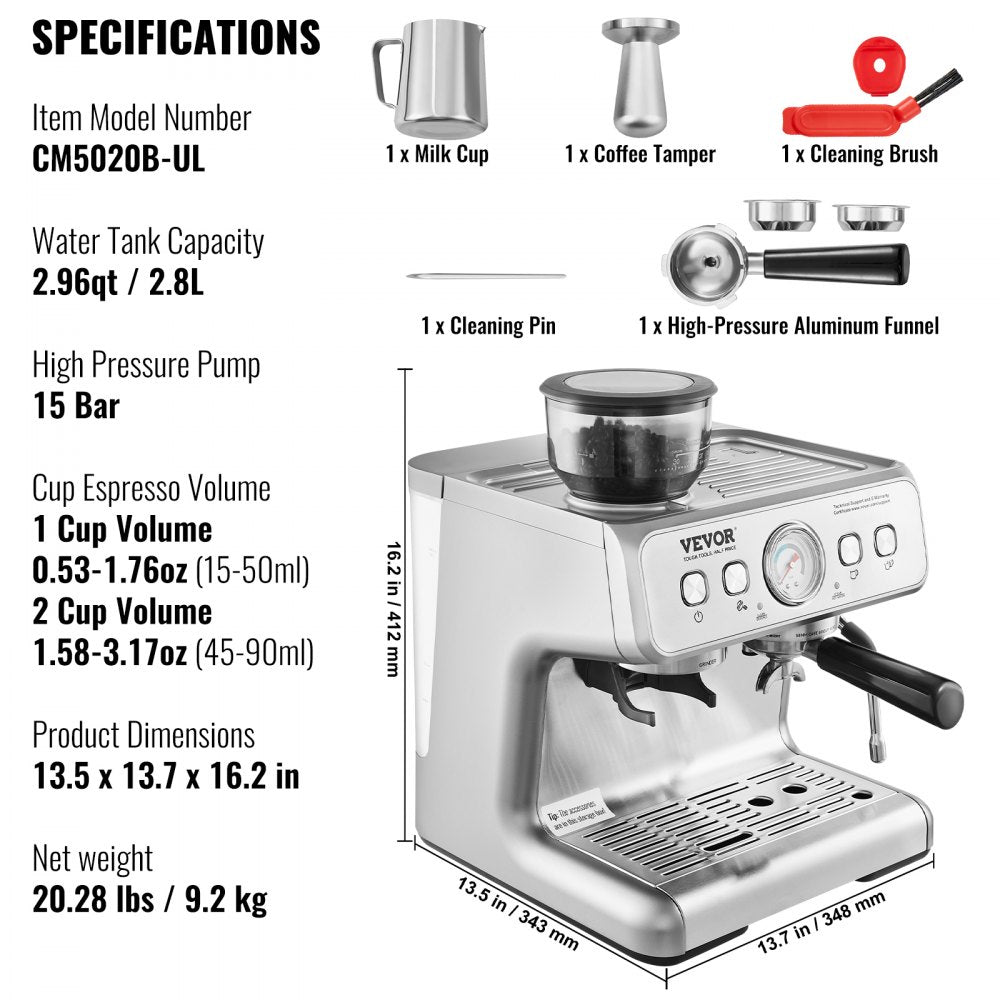 CM5020B-UL - 15 Bar Espresso Machine with Grinder & Milk Frother