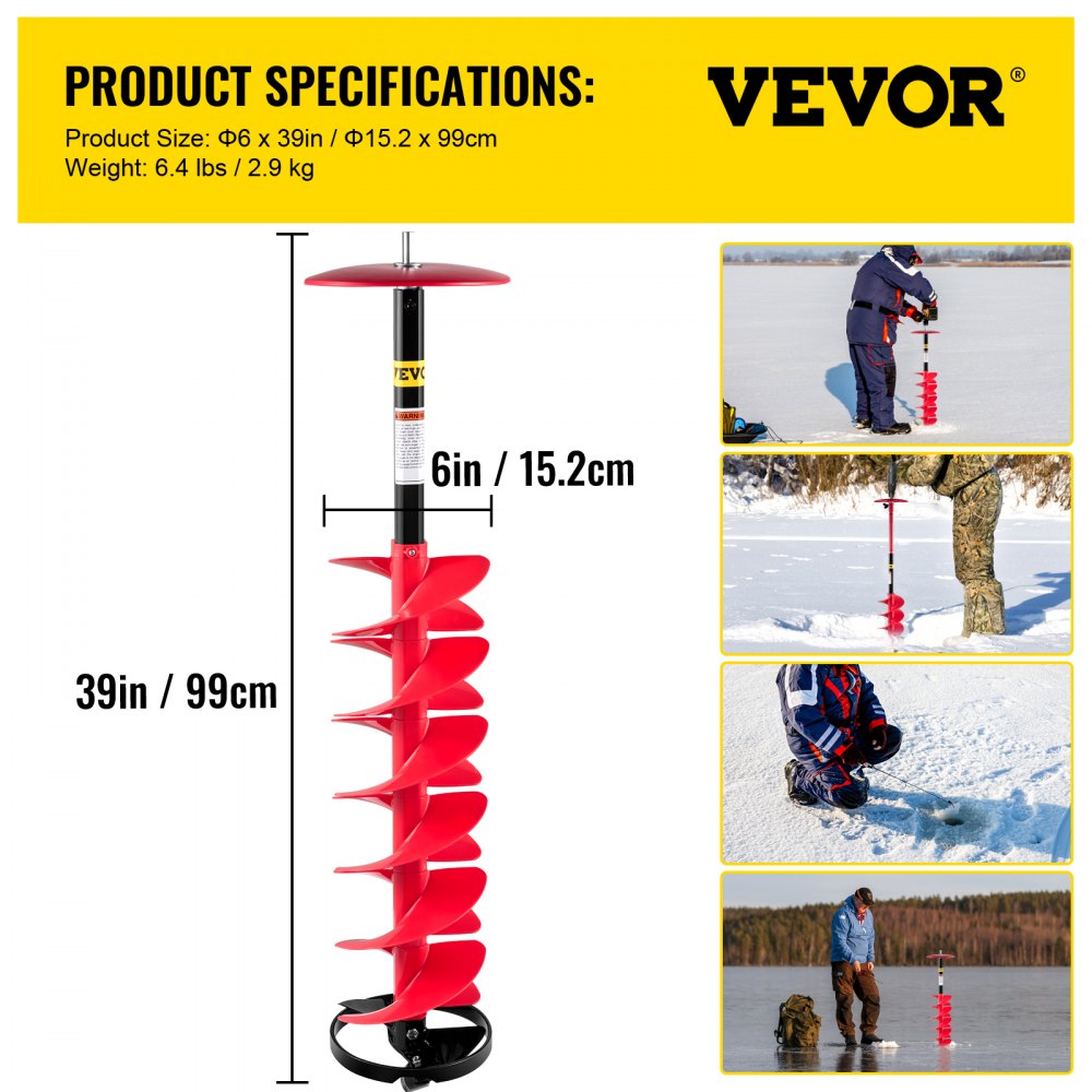 ED0507 - 6" Ice Drill Auger with Extension Rod & Sharp Blades