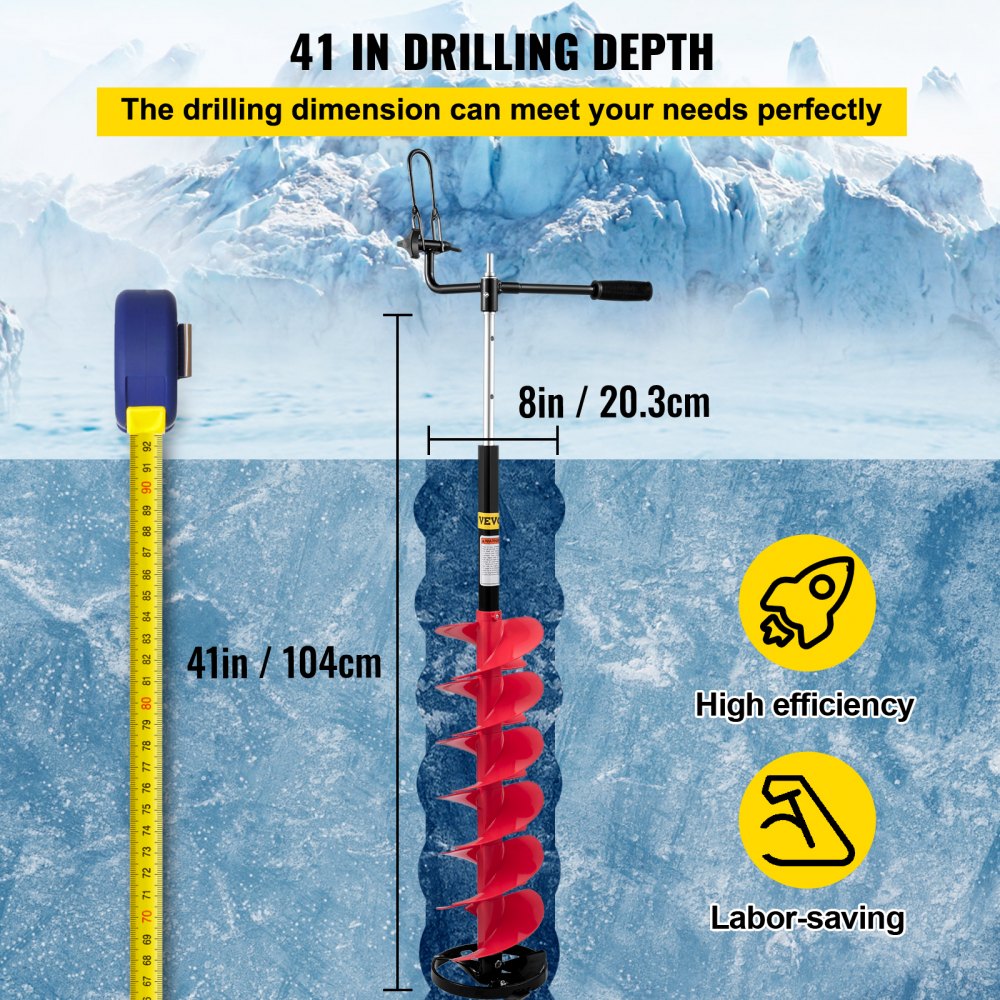 ED9002 - 41" Ice Drill Auger with 8" Cutting Blades for Ice Fishing