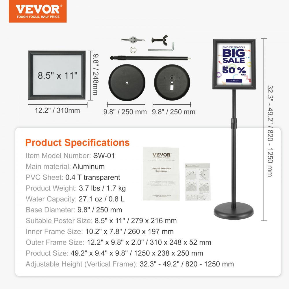 SW-01 - Adjustable 32.3-49.2" Aluminum Sign Holder for 8.5" x 11" Inserts