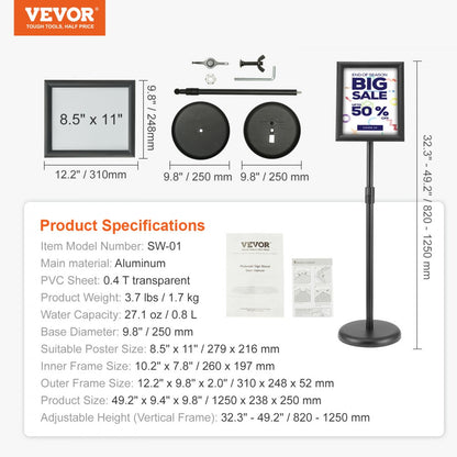 SW-01 - Adjustable 32.3-49.2" Aluminum Sign Holder for 8.5" x 11" Inserts