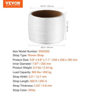 XWD200 - Durable 1/2" 660' VEVOR Strapping Roll for Heavy Packing