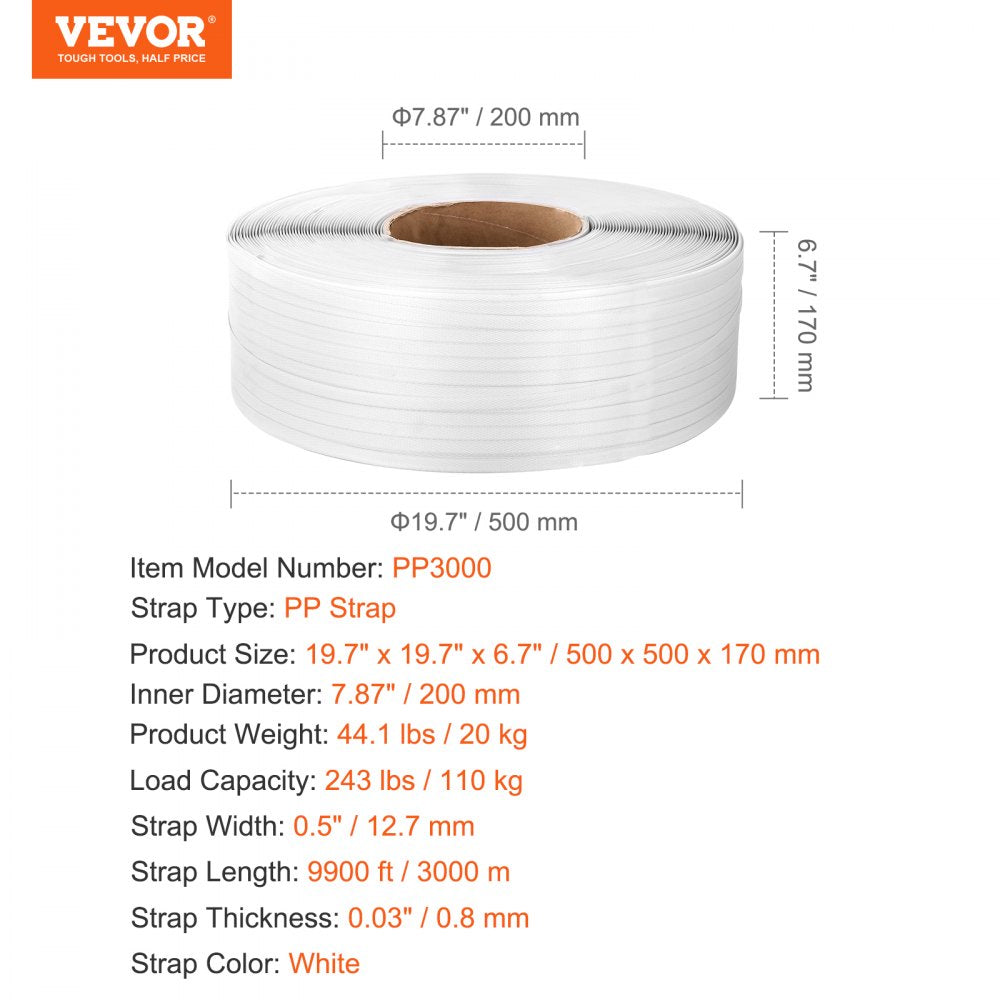 PP3000 - Durable 1/2" VEVOR Strapping Roll, 9900' Length for Heavy Packing