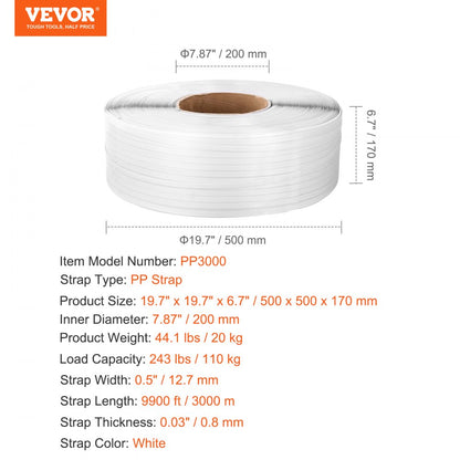 PP3000 - Durable 1/2" VEVOR Strapping Roll, 9900' Length for Heavy Packing