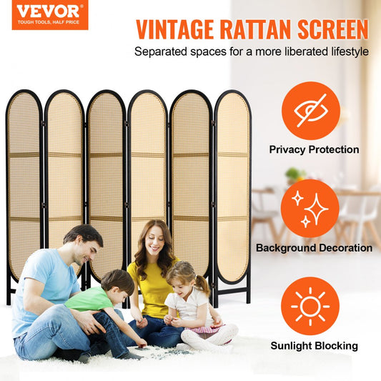 SS-008-6P-BL - Vintage 6-Panel Rattan Room Divider with 360° Rotation
