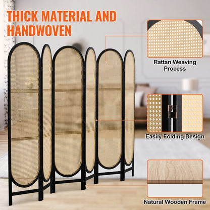 SS-008-6P-BL - Vintage 6-Panel Rattan Room Divider with 360° Rotation