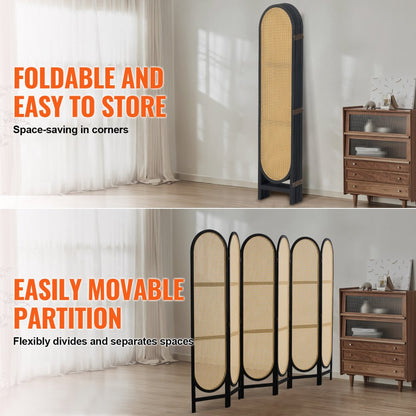 SS-008-6P-BL - Vintage 6-Panel Rattan Room Divider with 360° Rotation