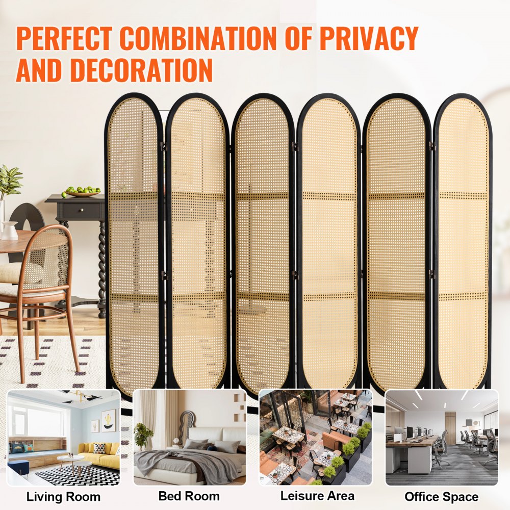 SS-008-6P-BL - Vintage 6-Panel Rattan Room Divider with 360° Rotation