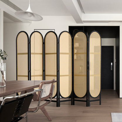 SS-008-6P-BL - Vintage 6-Panel Rattan Room Divider with 360° Rotation