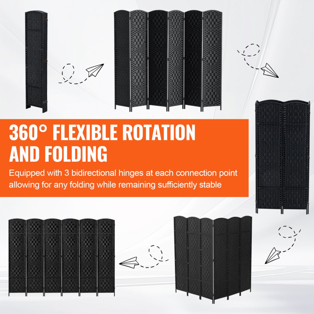 240802 - 6-Panel Rattan Room Divider with Wooden Frame and 360° Flexibility