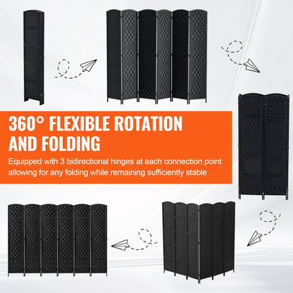 240802 - 6-Panel Rattan Room Divider with Wooden Frame and 360° Flexibility