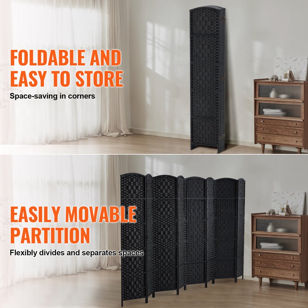 240802 - 6-Panel Rattan Room Divider with Wooden Frame and 360° Flexibility