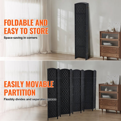 240802 - 6-Panel Rattan Room Divider with Wooden Frame and 360° Flexibility