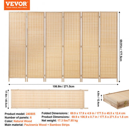 240805 - 6-Panel Handwoven Bamboo Room Divider with 360° Flexibility