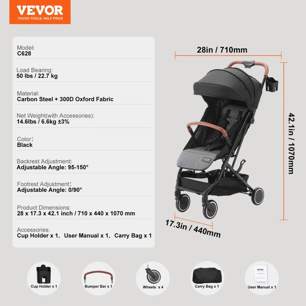 C628 - Adjustable Infant Stroller with Bassinet Mode, Black, 33 lbs