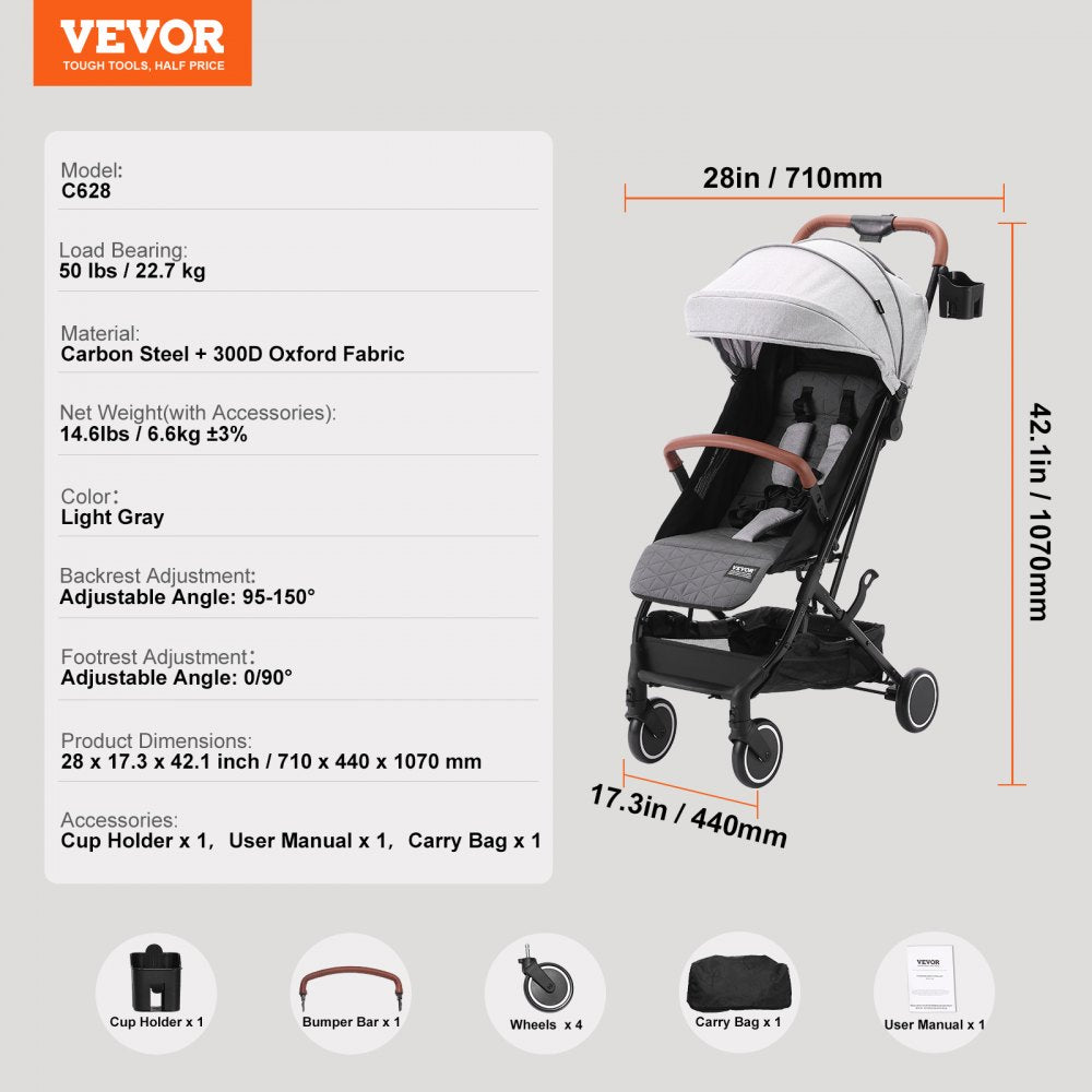 C628 - Versatile 28" VEVOR Baby Stroller with Adjustable Backrest and Cup Holder