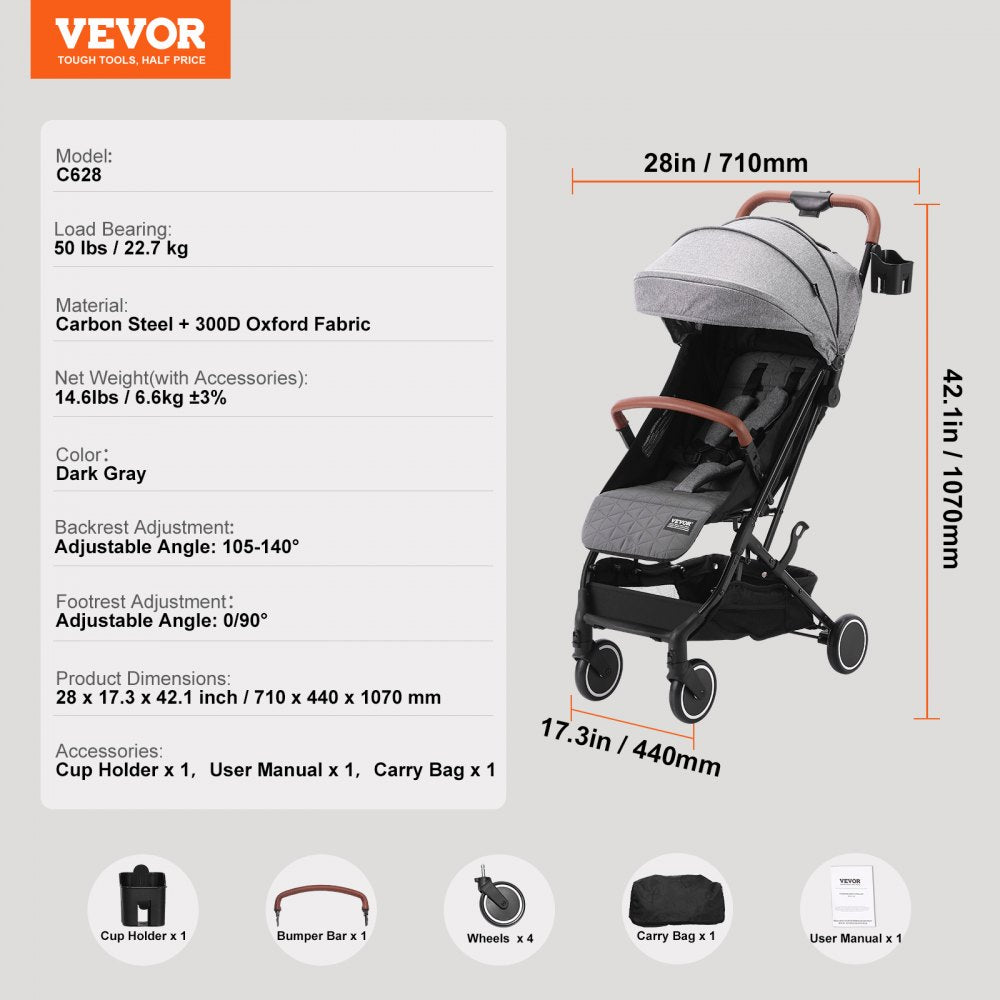 C628 - Adjustable Dark Grey Baby Stroller, Newborn to Toddler