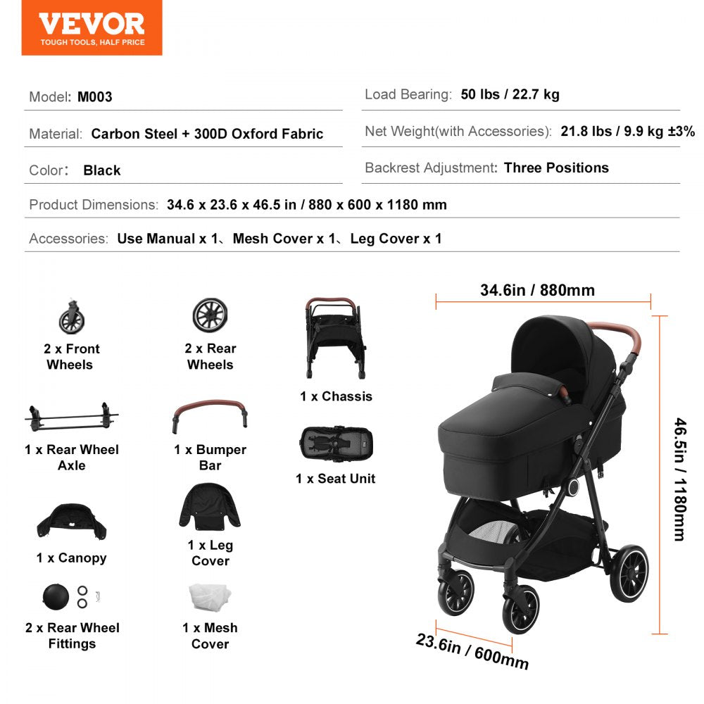 M003 - Versatile Baby Stroller, Adjustable Backrest, Compact Fold for Easy Travel