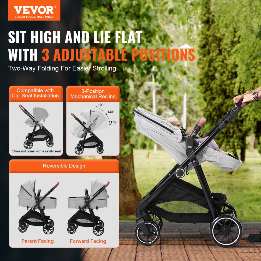 M003 - Durable Carbon Steel Baby Stroller with Bassinet & Reversible Seat