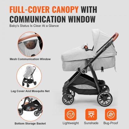 M003 - Durable Carbon Steel Baby Stroller with Bassinet & Reversible Seat
