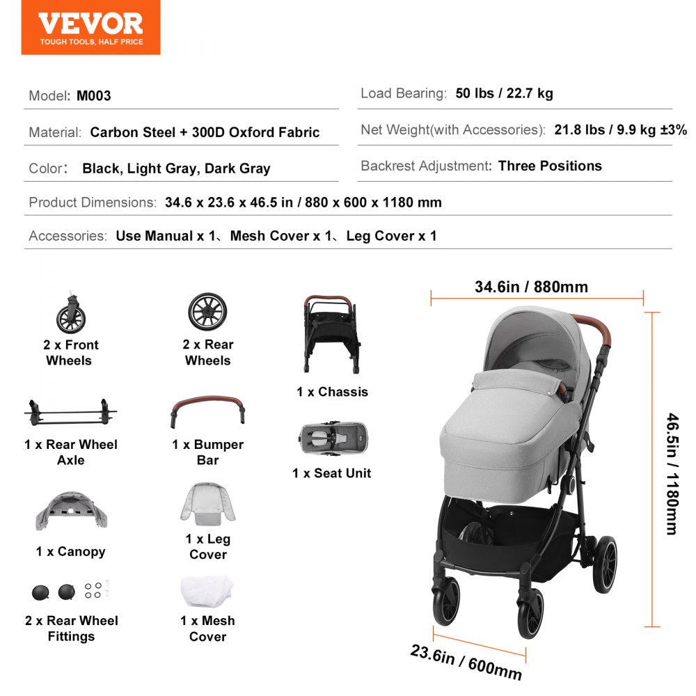 M003 - Durable Carbon Steel Baby Stroller with Bassinet & Reversible Seat