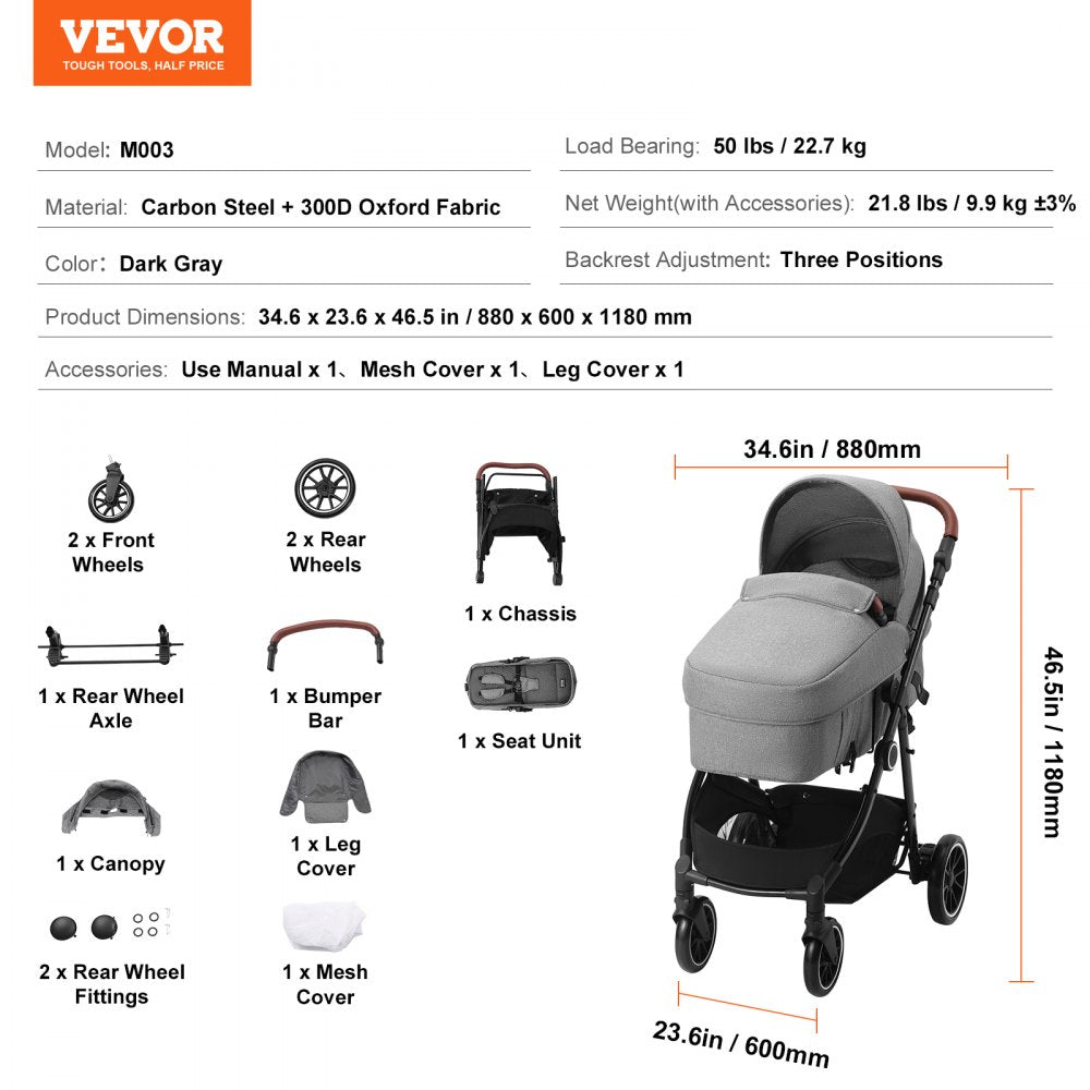 M003 - Adjustable Backrest Baby Stroller & Bassinet for Infants and Toddlers