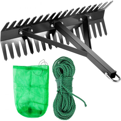 010293104150 - 24" Sturdy Iron Lake Weed Rake with 66ft Rope and Net Bag