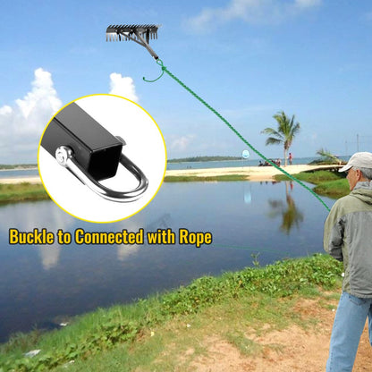 010293104150 - 24" Sturdy Iron Lake Weed Rake with 66ft Rope and Net Bag