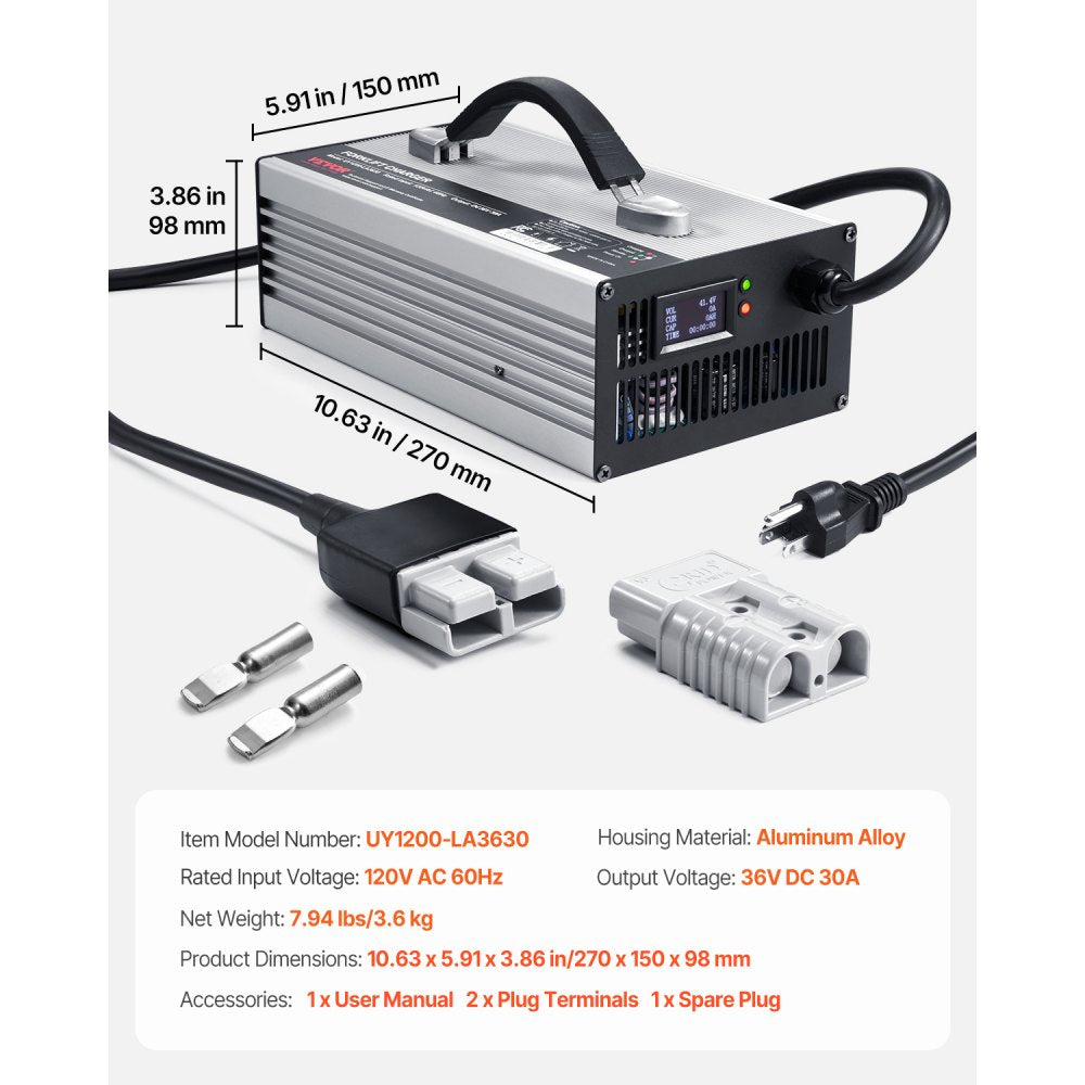 UY1200-LA3630 - 36V 30A Smart Portable Forklift Battery Charger with OLED Display