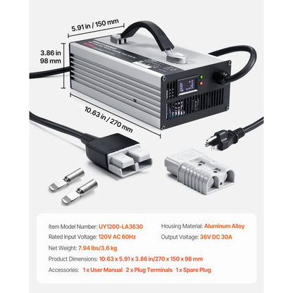 UY1200-LA3630 - 36V 30A Smart Portable Forklift Battery Charger with OLED Display