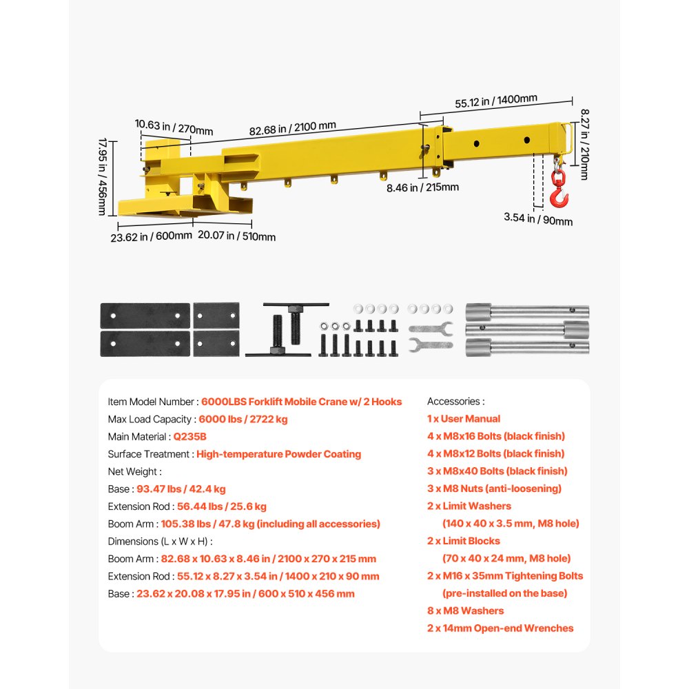 6000LBS Forklift Crane - Adjustable Dual Hook & 360° Rotate Boom