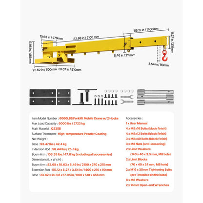 6000LBS Forklift Crane - Adjustable Dual Hook & 360° Rotate Boom
