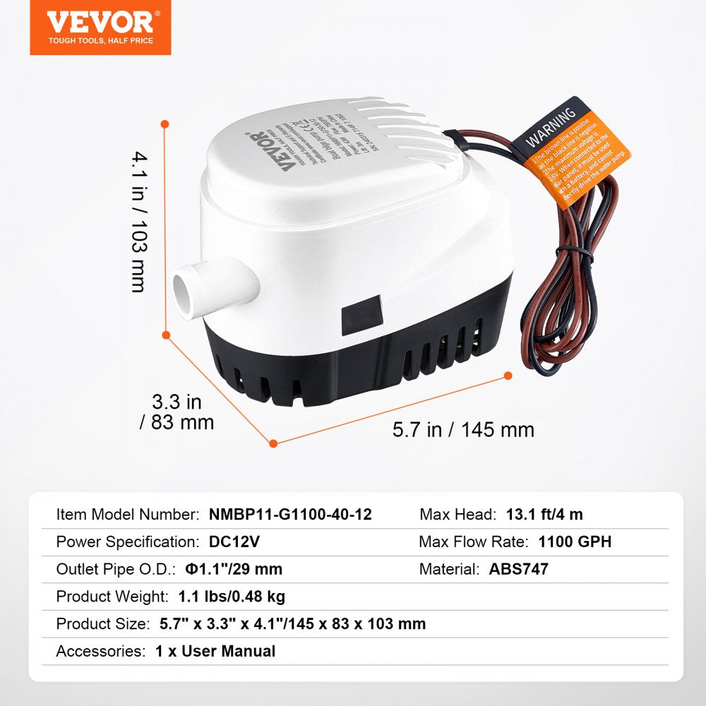 NMBP11-G1100-40-12 - 1100 GPH Automatic Bilge Pump for Boats