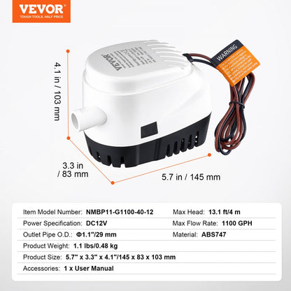 NMBP11-G1100-40-12 - 1100 GPH Automatic Bilge Pump for Boats
