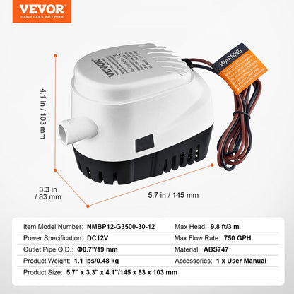 NMBP11-G750-30-12 - VEVOR 750 GPH Bilge Pump with Auto Activation