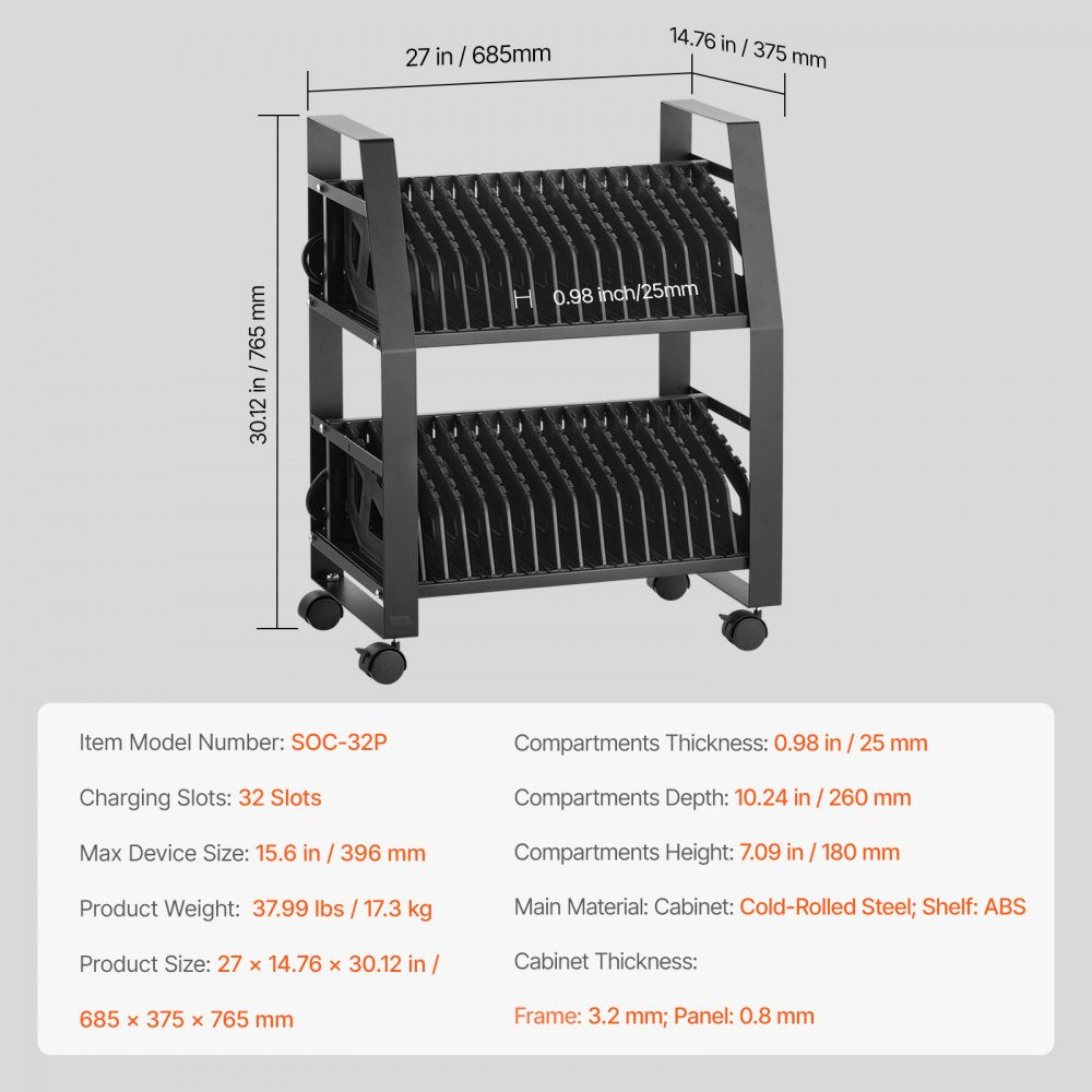 SOC-32P - Mobile Charging Cart for 32 Devices, 15.6" Screen, Durable Metal
