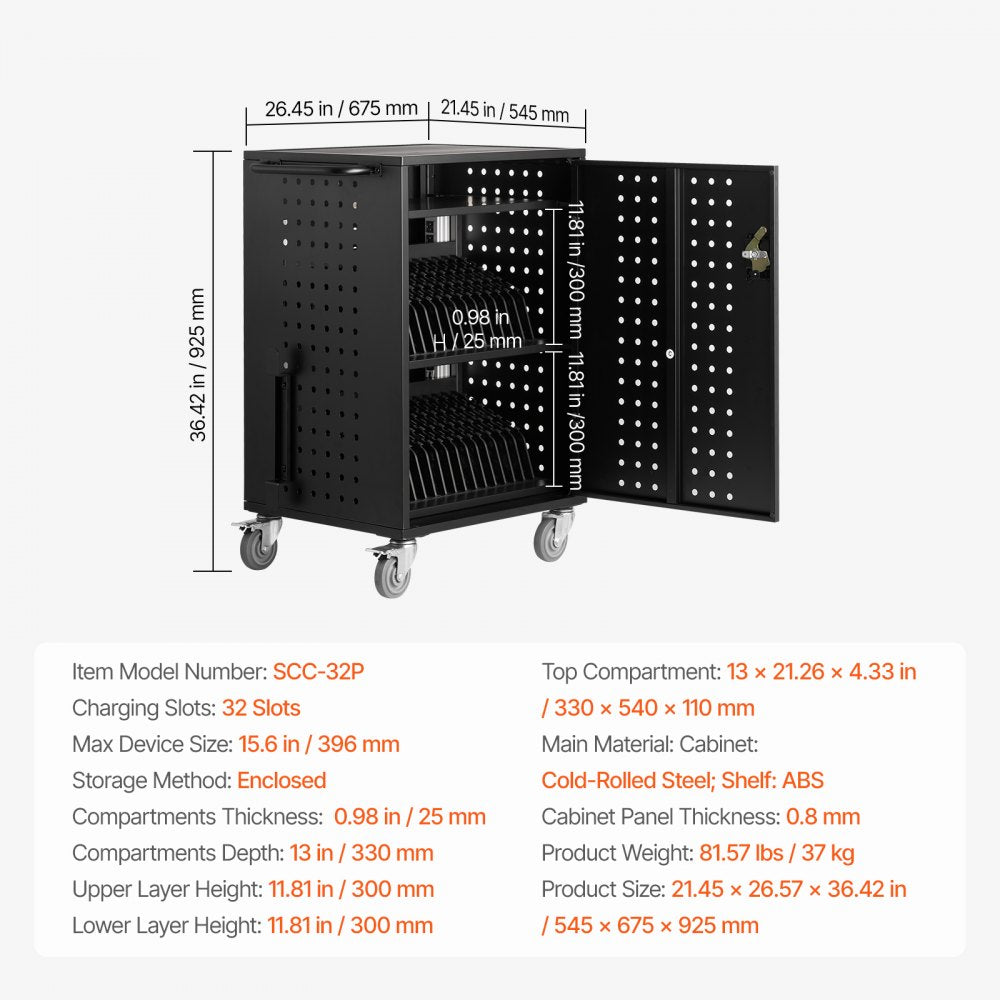 SCC-32P - Secure 32 Device Charging Cart with Wheels, Up to 15.6" Screens